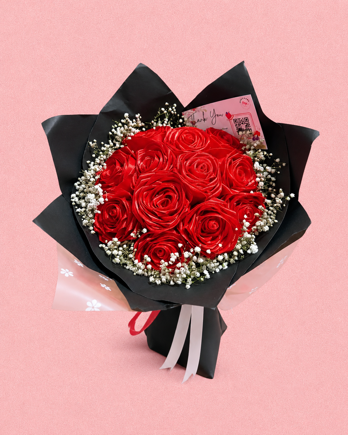Handmade Red Rose Flower Bouquet with Black Wrapping Paper