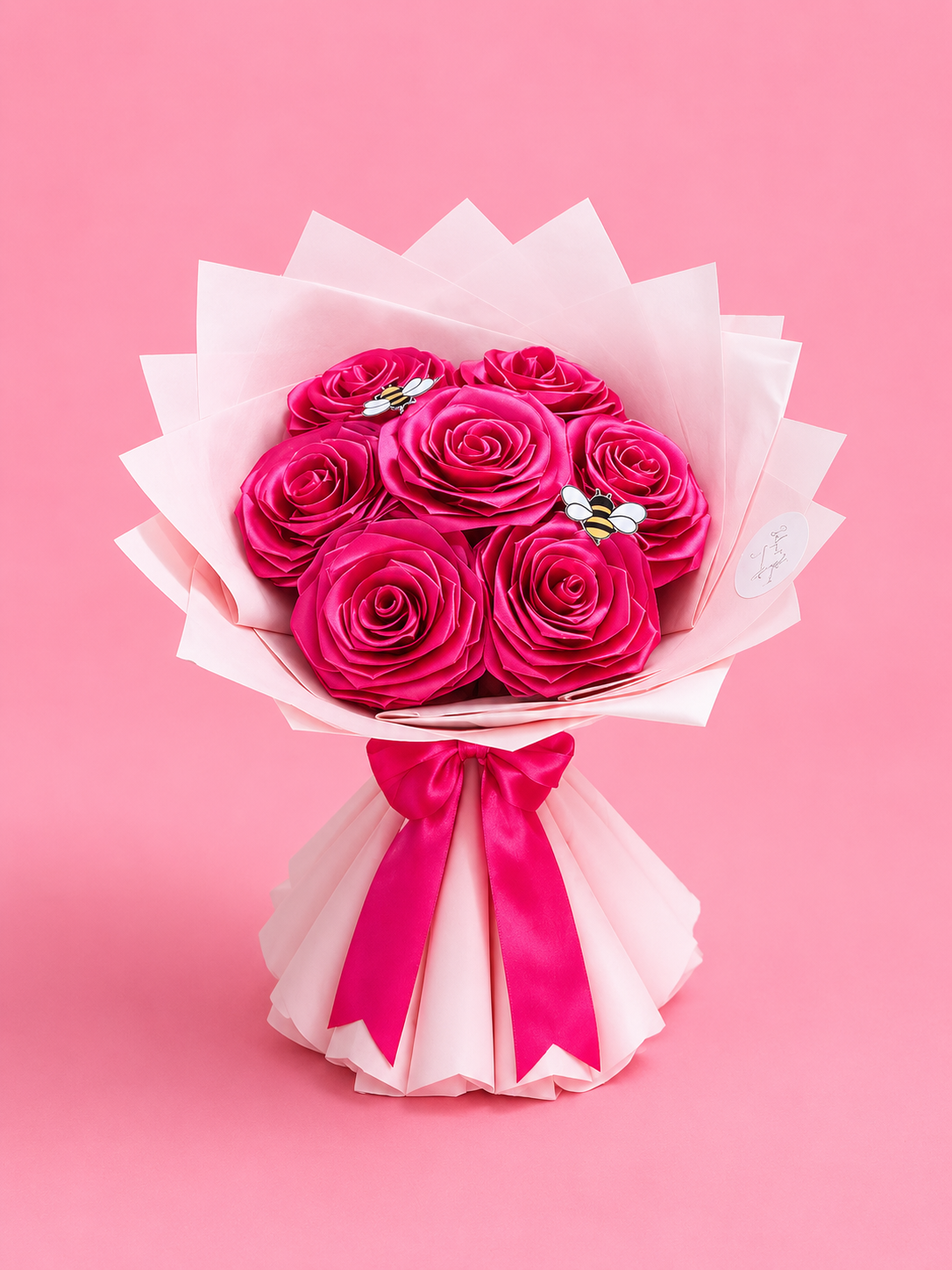 Handmade Bright Pink Rose Flower Bouquet with White Wrapping Paper