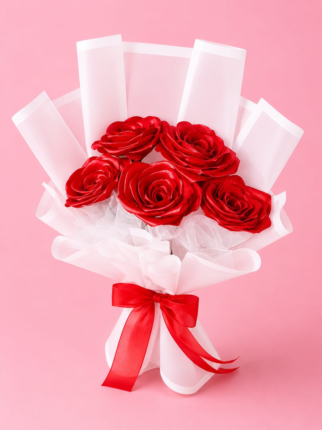 Handmade Red Rose Flower Bouquet with White Wrapping Paper
