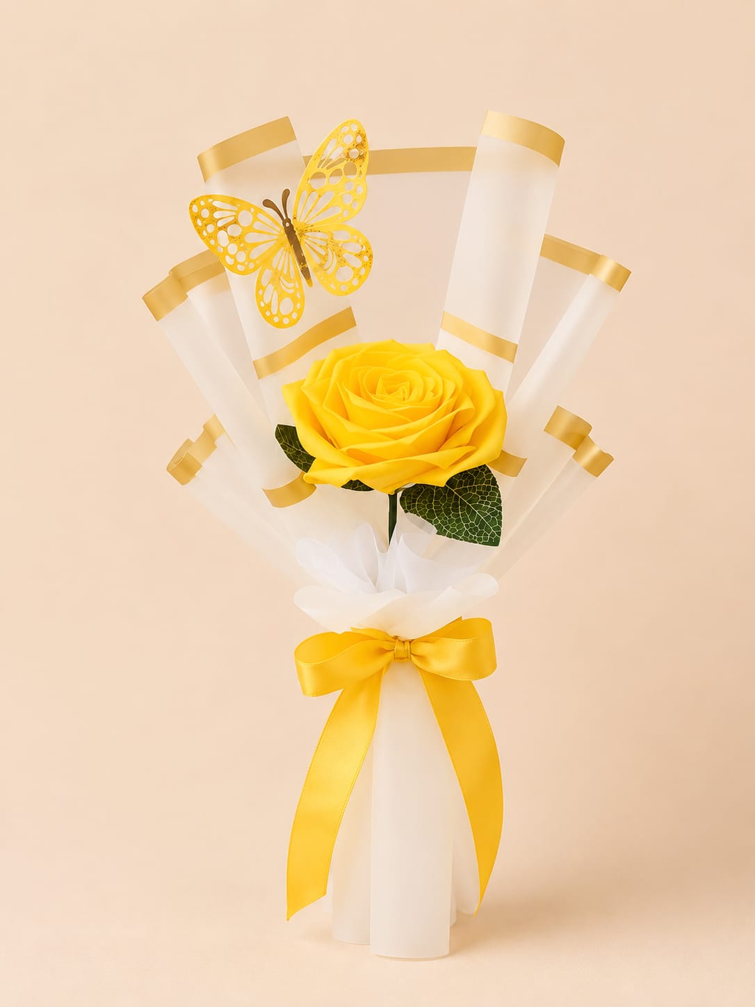 Handmade Single Yellow Rose Flower Bouquet with Butterfly Decoration