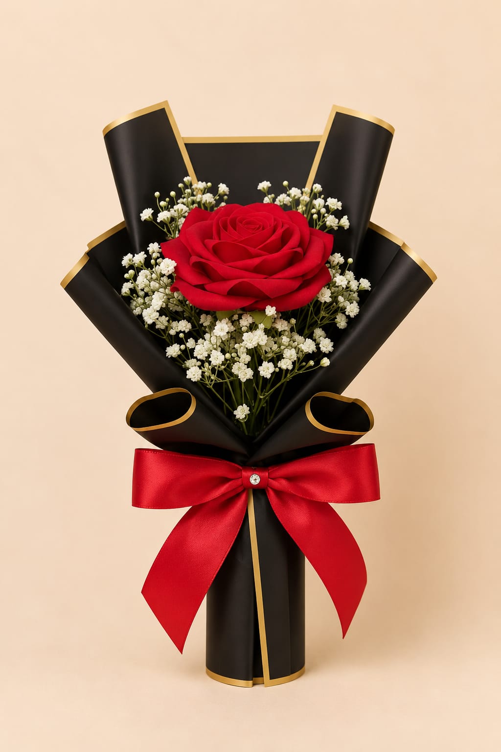 Handmade Single Red Rose Flower Bouquet with Black Wrapping and Gypsophila