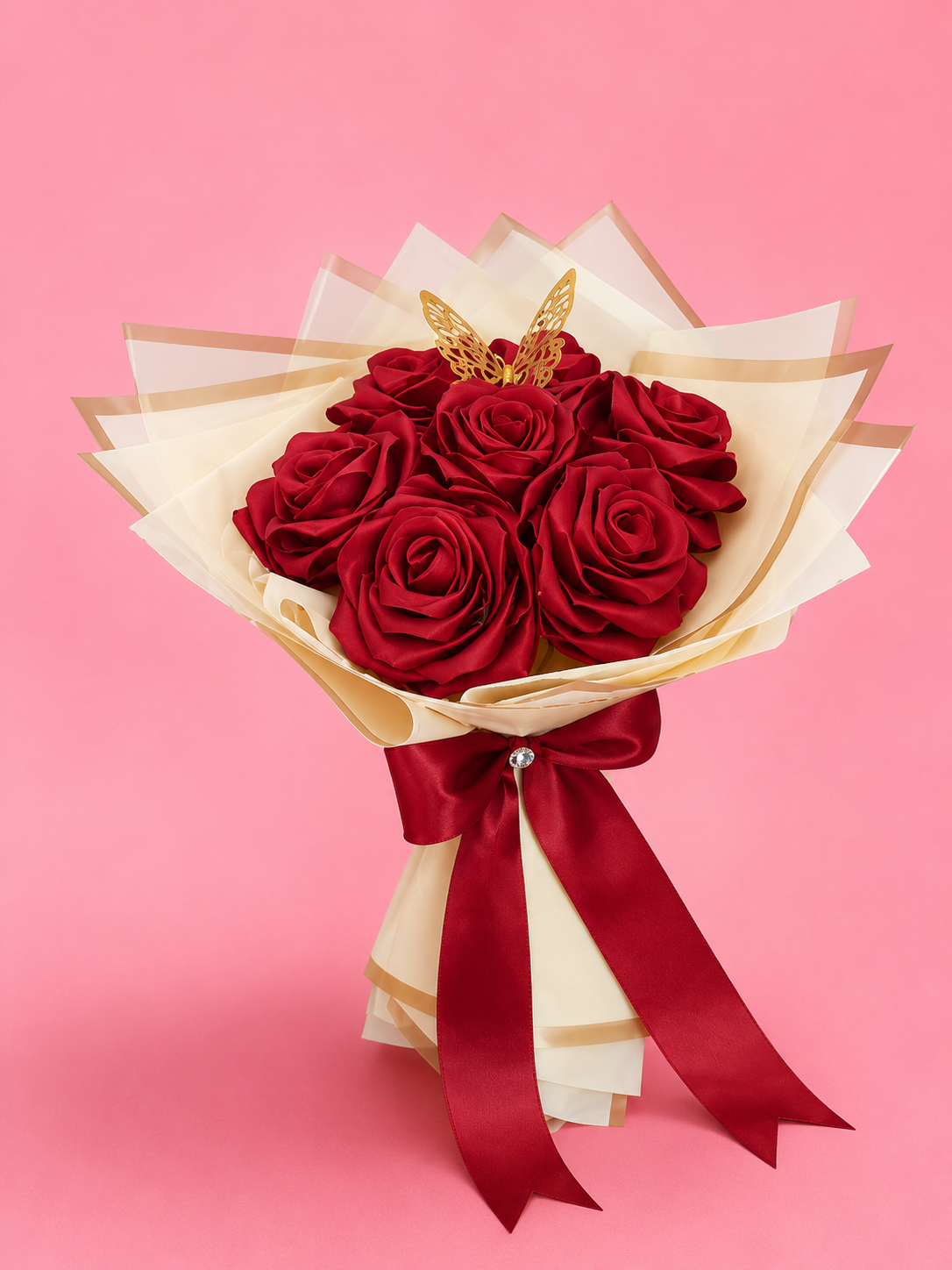 Handmade Red Rose Flower Bouquet with White Wrapping Paper and Butterfly Decoration